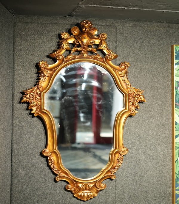 Mid-century Roman Wreath Giltwood Mirror with Gilt Ribbon Detailing